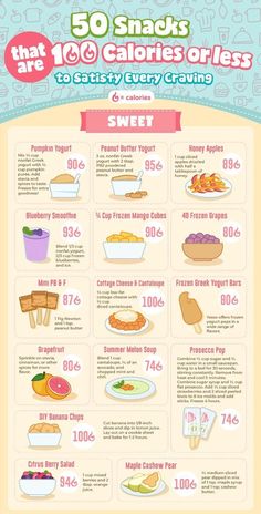 an info sheet with different types of food on it and the words 50 snacks that are calories or less