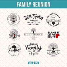 the family reunion logo is shown in black and white, with different designs on it