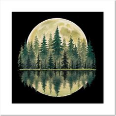 a full moon over a lake with trees in the foreground and a black background