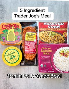 five ingredients for trader joe's meal laid out on a table