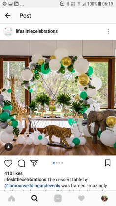 an instagram page with balloons and animals on the floor, including giraffes