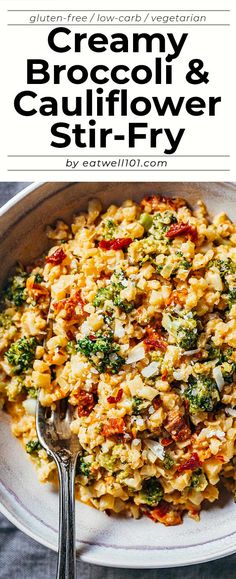 creamy broccoli and cauliflower stir - fry in a white bowl