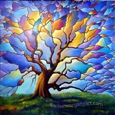 a painting of a tree with blue sky and clouds in the background, painted on canvas