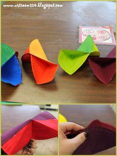 several pictures of different colored paper umbrellas on a table with instructions to fold them