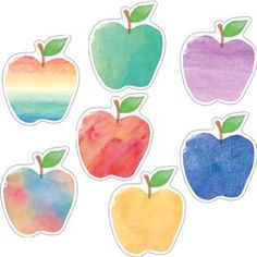 six watercolor apple stickers in different colors