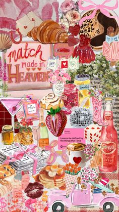 a collage of food, drinks and other items in pinks and reds with the words match made in heaven