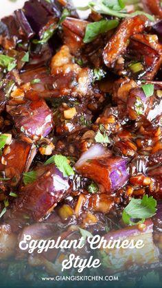 eggplant chinese style stir fry with onions and cilantro on the side