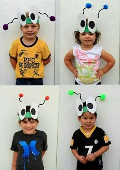 four pictures of children wearing paper hats with eyes and antennae on their heads, one boy is smiling at the camera