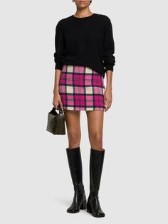 Concealed zip closure. All over pattern placement may vary. Model is wearing a size38 Tartan Mini Skirt, Designer Skirts, Denim Skirts, Formal Casual, Formal Outfit, Flat Espadrilles, Swim Accessories, Skirt Design, Shearling Jacket