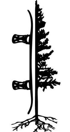 a black and white drawing of a tree with two skis attached to it