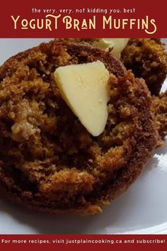 a close up of a muffin on a plate with cheese in the middle and text that reads yogurt bran muffins