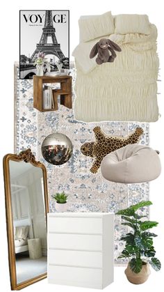 a collage of various items including a bed, mirror and other things in the room