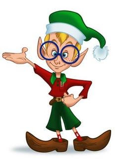 a cartoon elf with glasses and a green hat is pointing to the right while standing on one leg