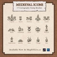 medieval icons are displayed on a piece of paper with the names and symbols below them