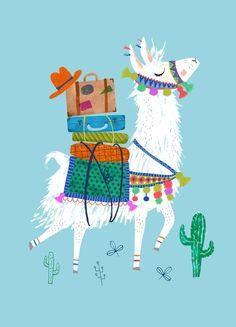 a llama with luggage on it's back in front of cactus and cacti