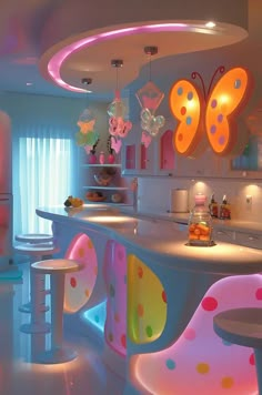 a brightly lit kitchen with polka dots and butterfly decorations on the counter top, along with stools