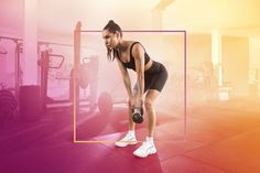 a woman lifting a dumbbell in a gym with an orange and pink frame around her