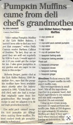 a newspaper clipping with the words pumpkin muffins came from deli chef's grandmother