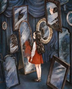 a painting of a girl looking at her reflection in a mirror while she is brushing her hair