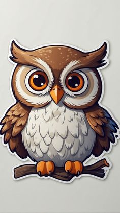 an owl sticker with big eyes sitting on top of a tree branch in front of a white background