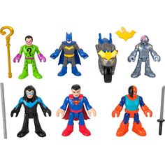 the action figures are all different colors and sizes