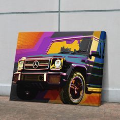 a painting of a mercedes g - class parked on the side of a building in front of a wall