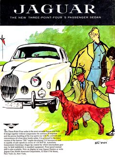 an advertisement for jaguar, featuring a man and woman with a dog