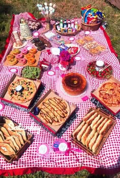 a picnic table covered in lots of food and desserts on top of a checkered cloth