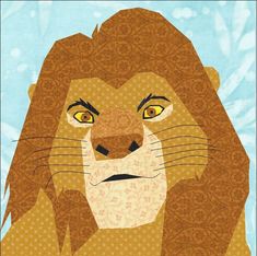 a drawing of a lion's face with yellow eyes and brown hair, on a blue background