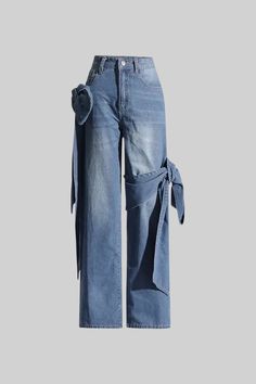 Wide Leg Jeans with Bow Details - Blue Unique Denim Pants, Denim Collection Inspiration, Unique Jeans For Women, Cool Jeans Design, Jeans With Bows, Denim On Denim Outfits For Women, Creative Style Outfits, Altered Jeans, Denim Patchwork Jeans