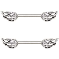 two pairs of silver metal wings with crystal stones on the end of each barbell