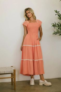 Joy Lace Trim Maxi Dress | böhme Casual Smocked Tiered Skirt Dress, Casual Ruched Smocked Dress With Tiered Skirt, Casual Tiered Skirt Dress With Smock Detail, Casual Smock Dress With Tiered Skirt, Casual Pleated Tiered Midi Dress, Three Tiered Skirt, Church Clothes, Church Fits, Fitted Maxi Dress