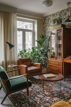 a living room filled with furniture and a large window covered in greenery next to a wooden dresser