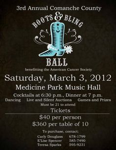 an event poster for boots and bling ball at the medicine park music hall on march 3, 2012