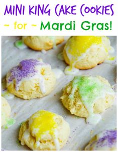 mini king cake cookies for mardi gras on a baking sheet with the title overlay