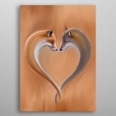 two foxes making a heart shape with their heads to each other in front of an orange background