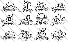 zodiac signs and their names in cursive font, with stars on the bottom