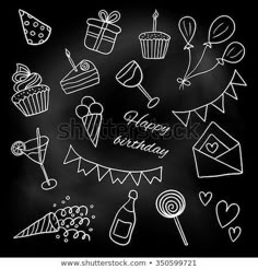 chalkboard birthday card with balloons, cake and other items