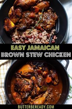 two pictures showing different types of stews in pans with the words easy jamaican brown stew