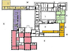 the floor plan for an old building with different colors and shapes, including pink, yellow,