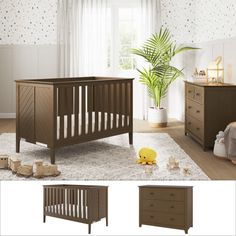 the baby crib is next to two dressers and a potted palm tree