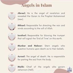 an image of angels in islam with the names of them and how they are used to describe