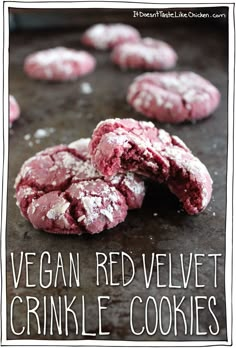 vegan red velvet crinkle cookies on a baking sheet with the words vegan red velvet crinkle cookies