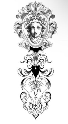 an ornate design with a woman's face in the center and other decorative elements around it