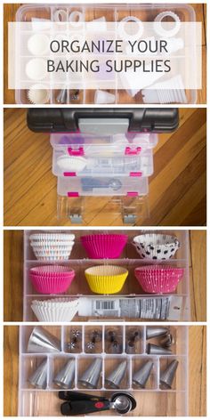 an organized drawer with cupcakes and baking supplies