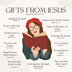 a woman reading a book with the words gifts from jesus