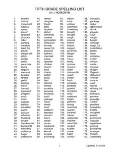 the fifth grade spelling list is shown in black and white, with numbers on it