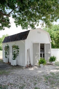 a white shed with plants growing on the roof