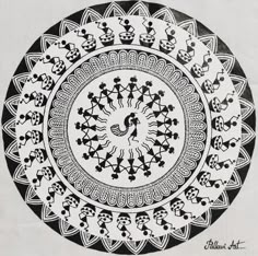 a black and white drawing of people on a circular design with dots in the middle