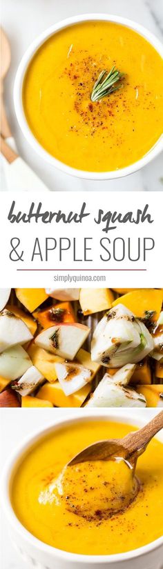 two bowls filled with butternut squash and apple soup